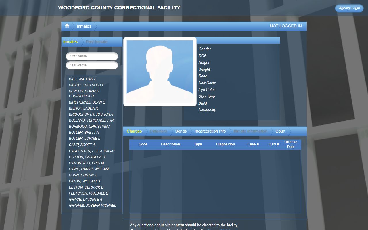 Woodford County inmate population roster search fields on the BlueHorse WCCF jail roster