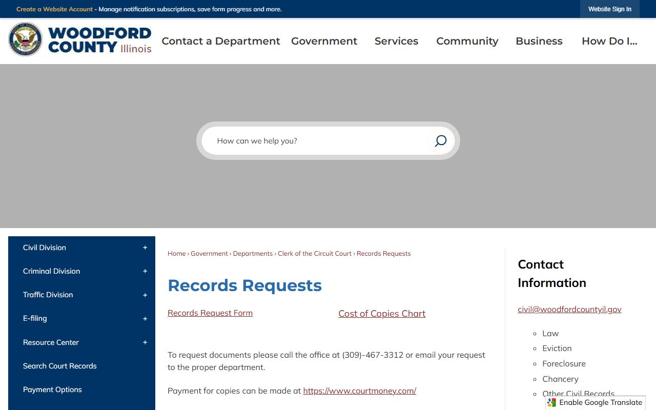 Woodford County court records after arrest records request page and copy routing